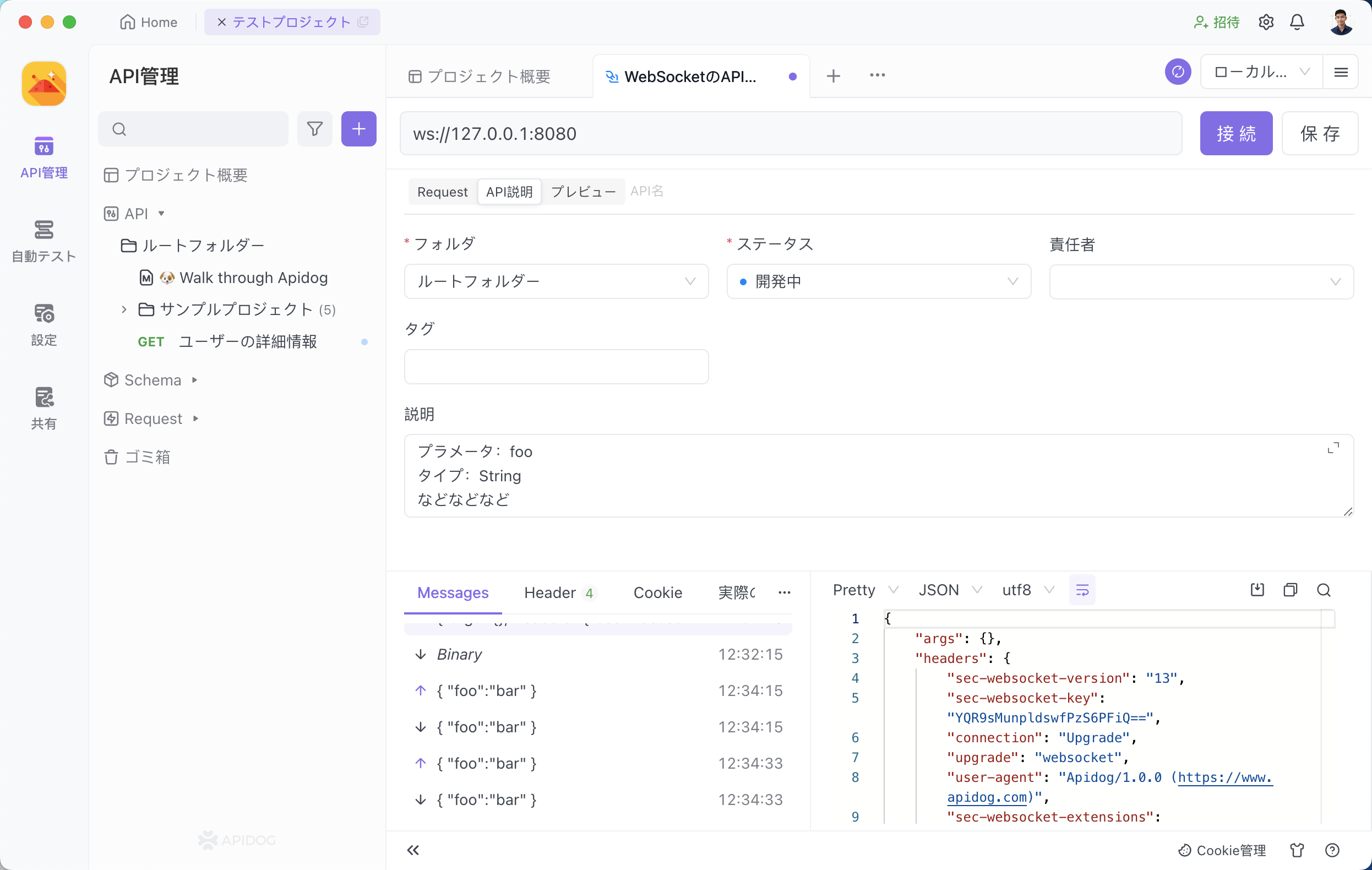 ApidogでWebSocket API仕様書作成