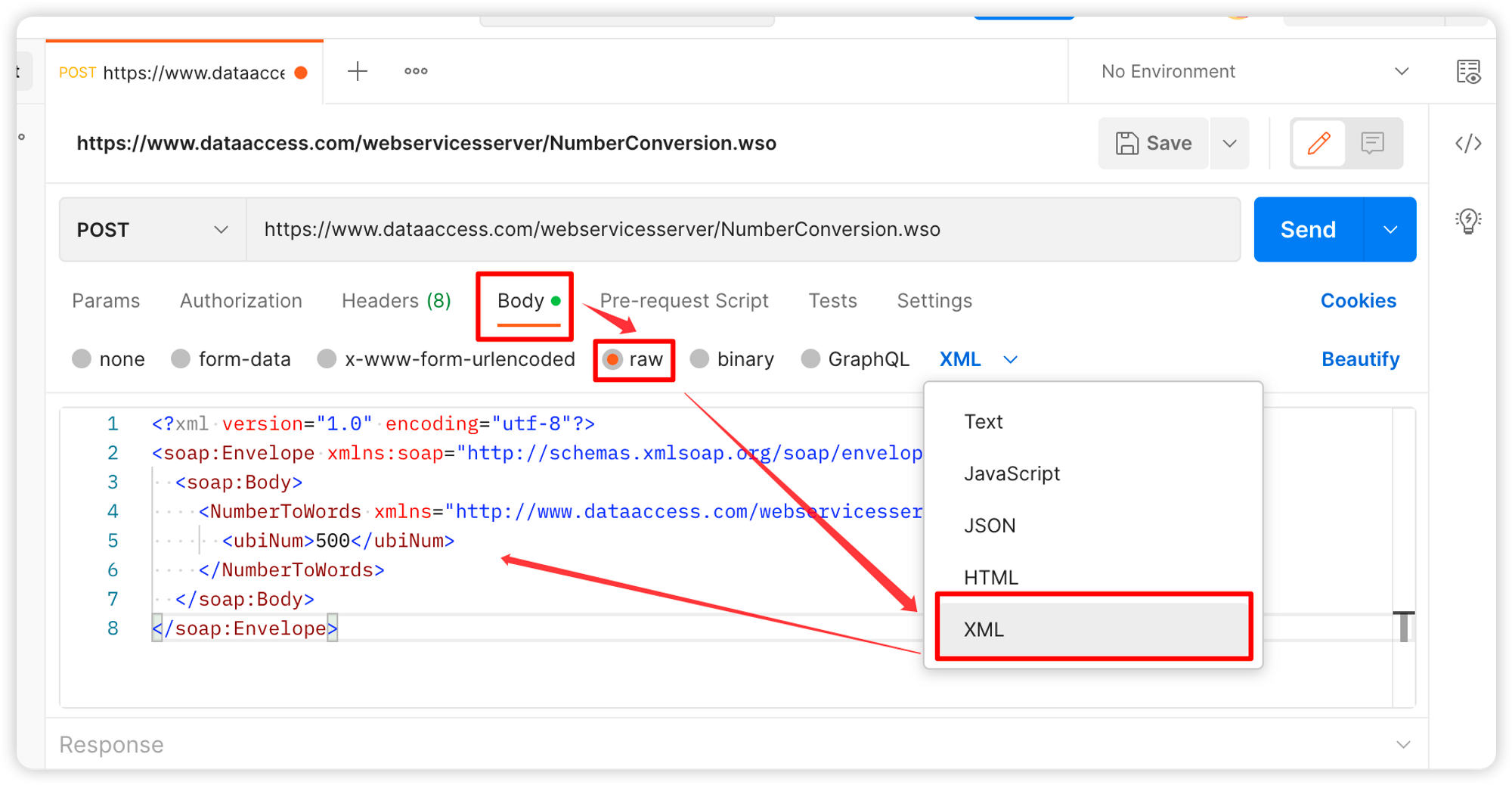 how to send soap request in postman