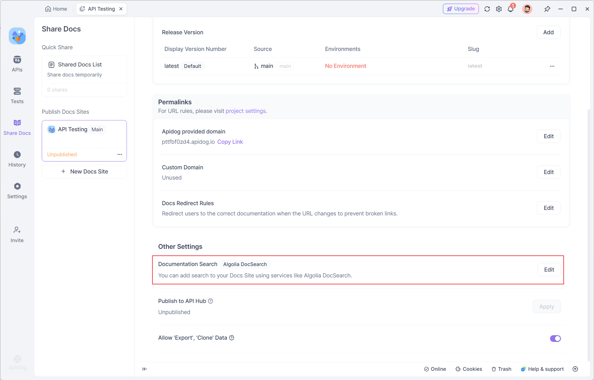 documentation search feature at Apidog