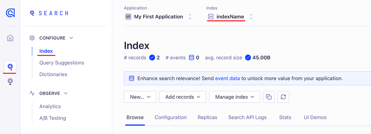 Finding index name of the newly created application at Algolia