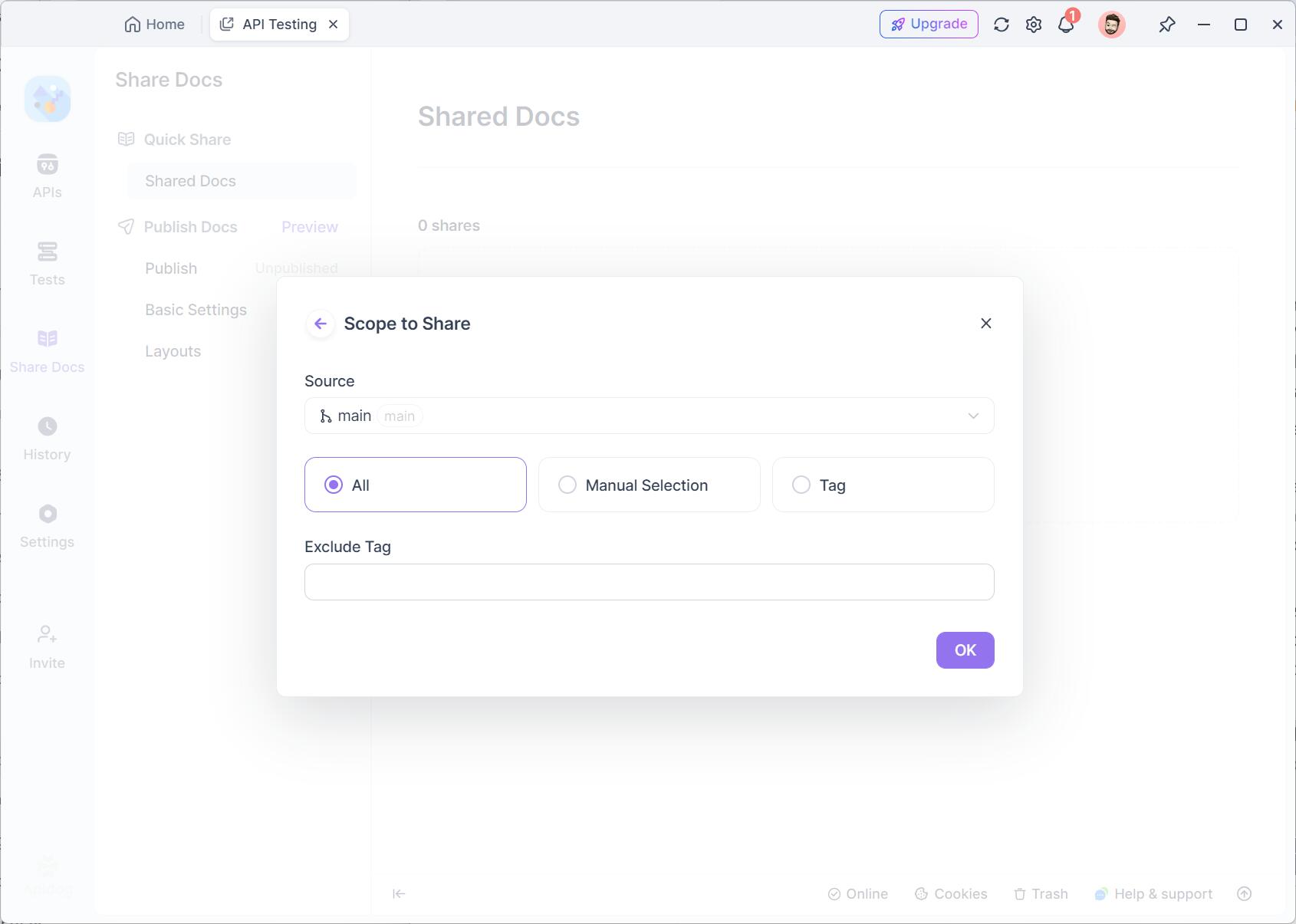 specify share scope of the API documentation at Apidog