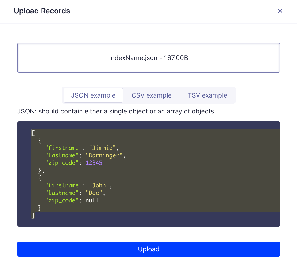 upload Json file to Algolia