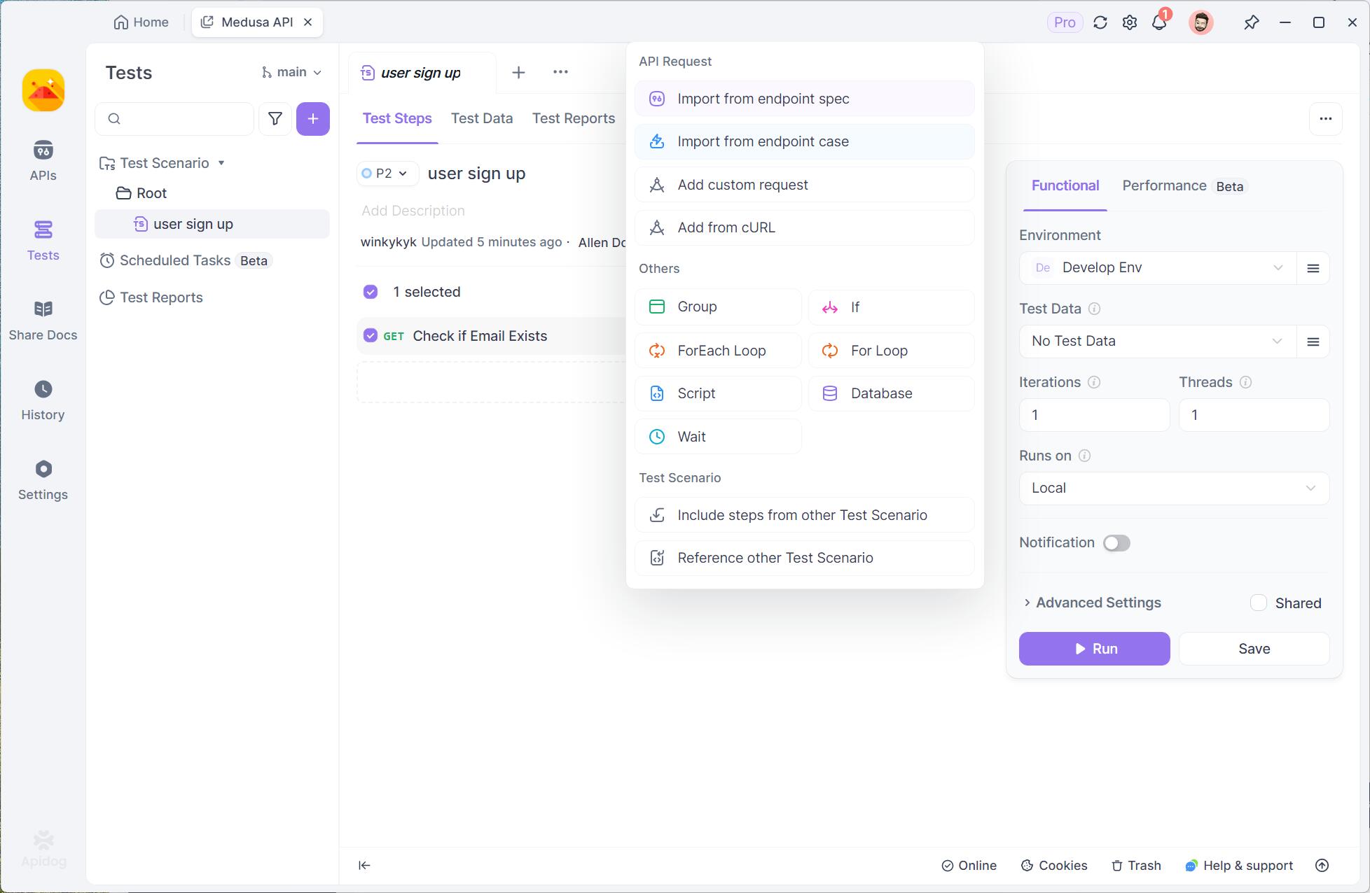 Adding test steps to create a test scenario