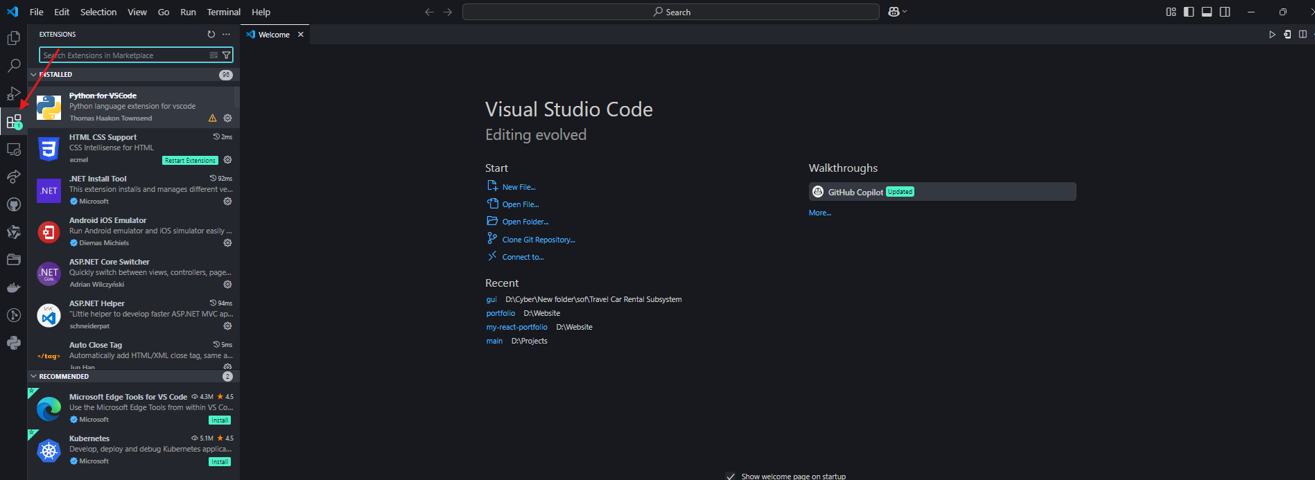 Open VS Code and navigate to the Extensions tab.