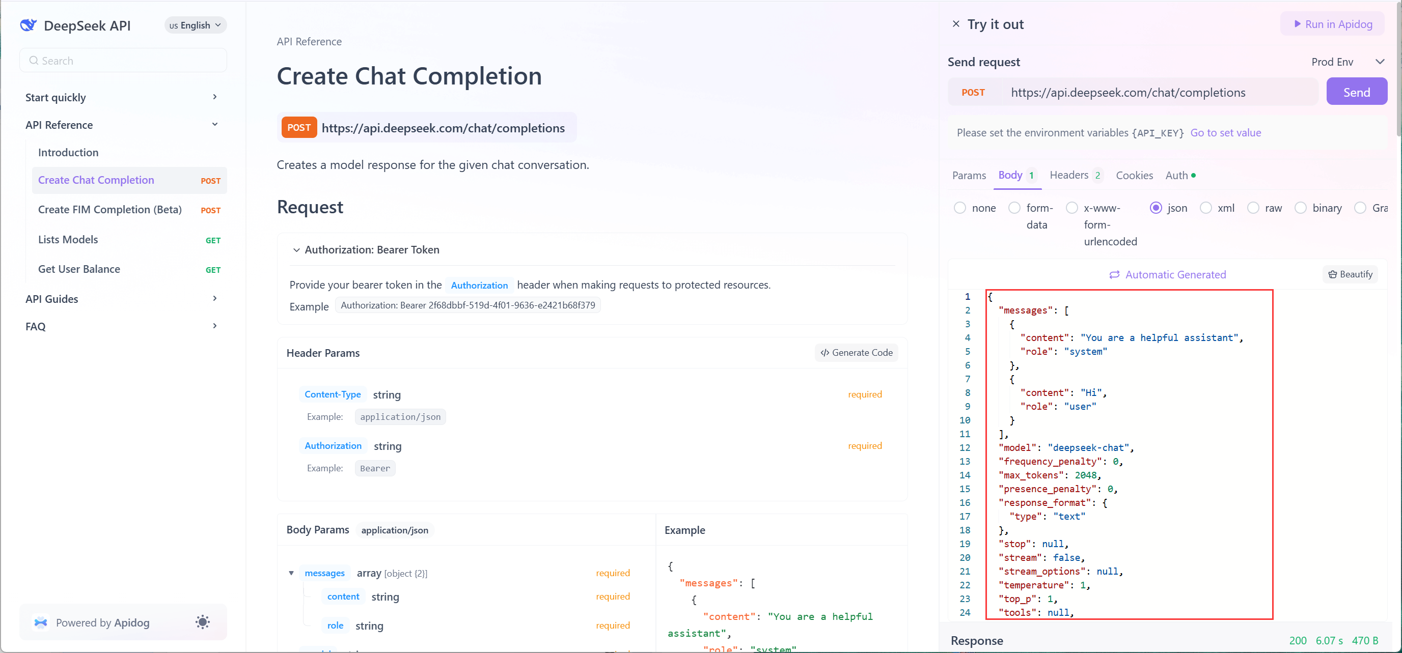 crafting DeepSeek API request