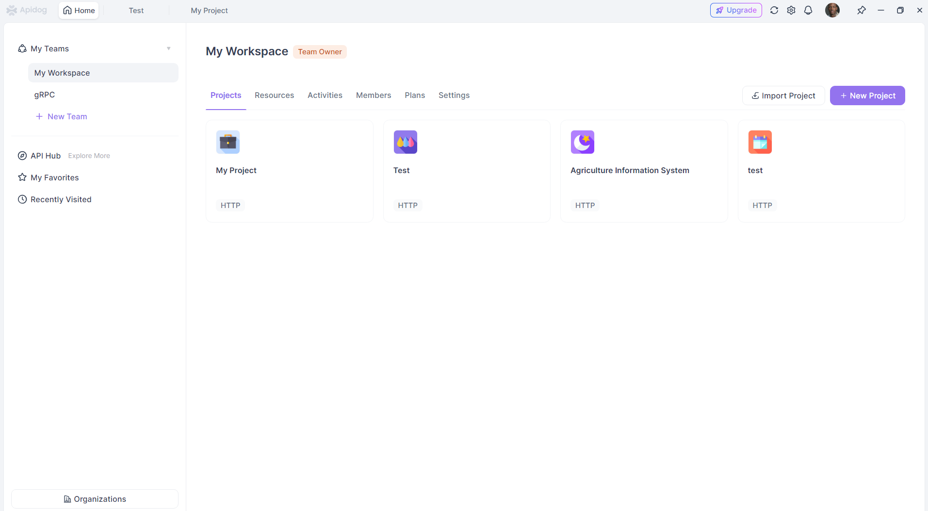 Apidog's API management workspace