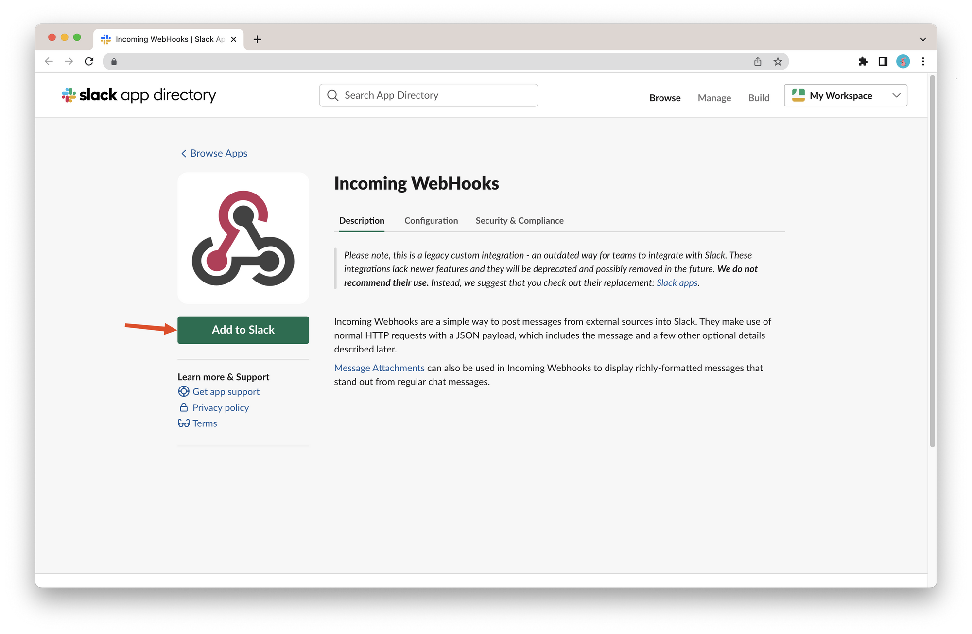 Adding "Incoming WebHooks" to Slack