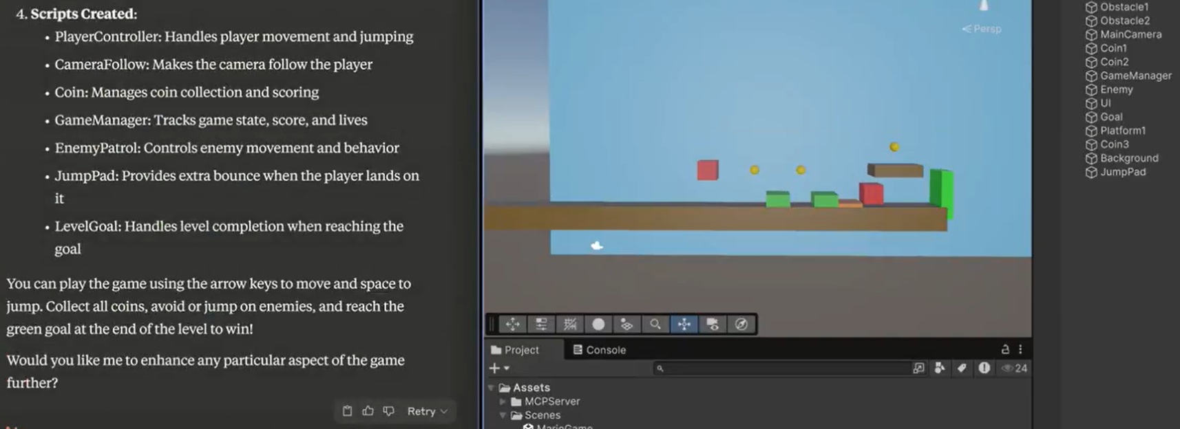 claude + unity mcp to develop a mario clone
