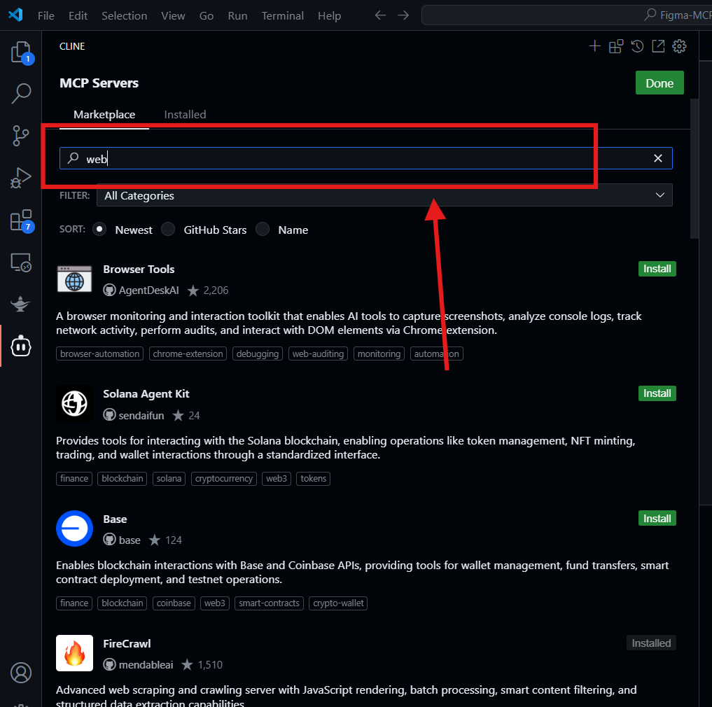 search for a tool in cline marketplace