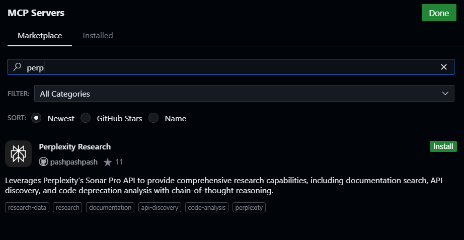 install perplexity mcp server to cline