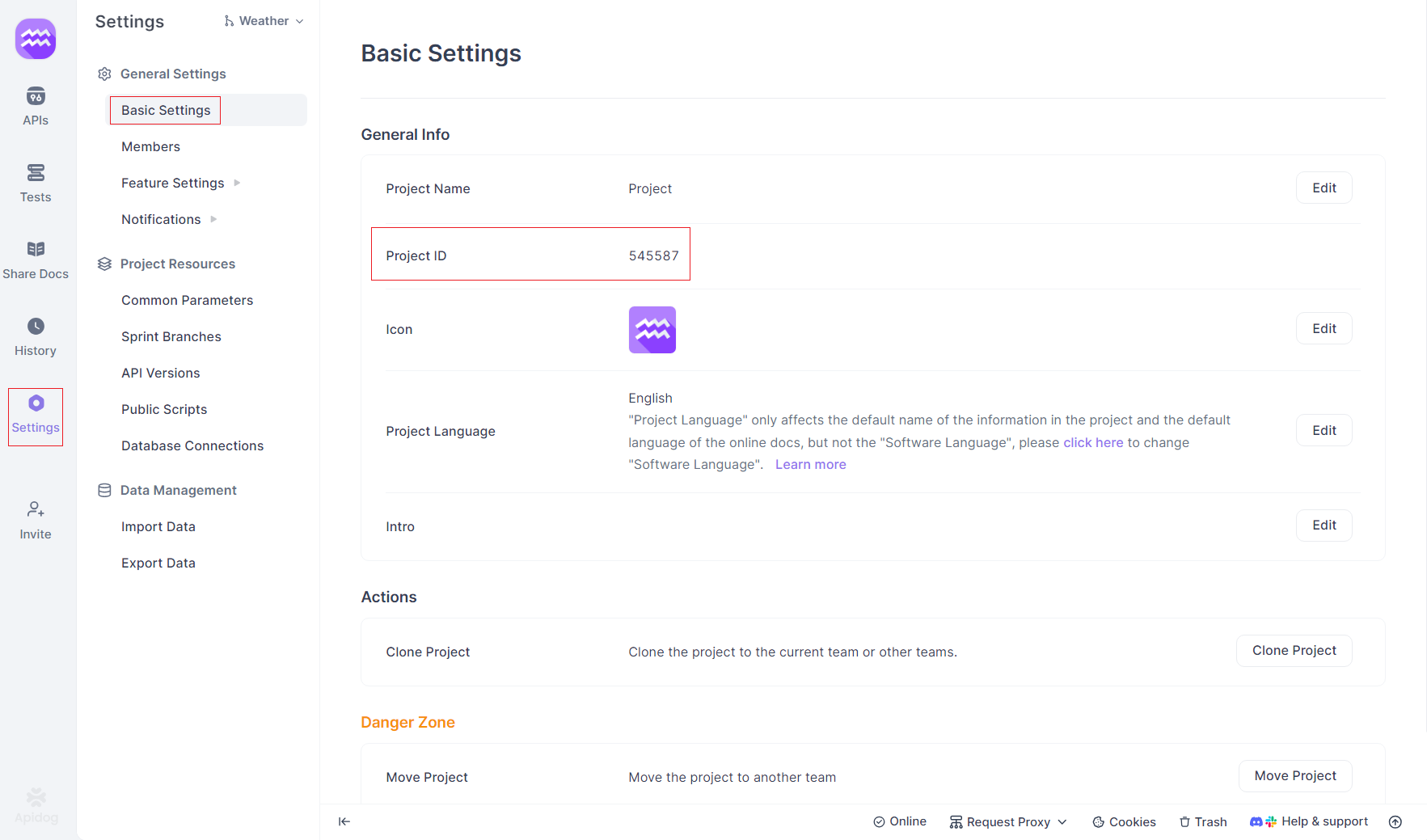 getting API project ID using Apidog