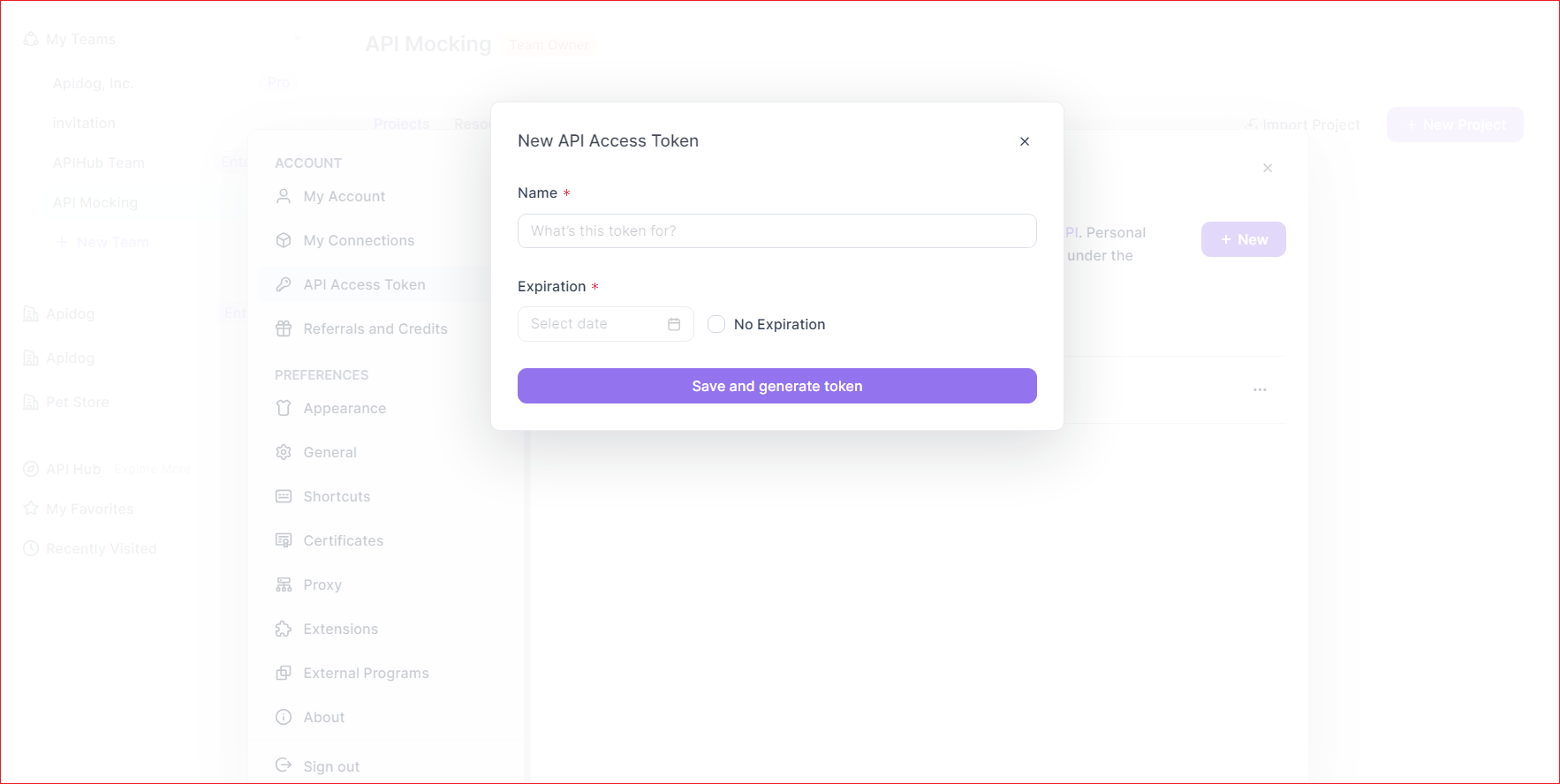 creating API access token at Apidog