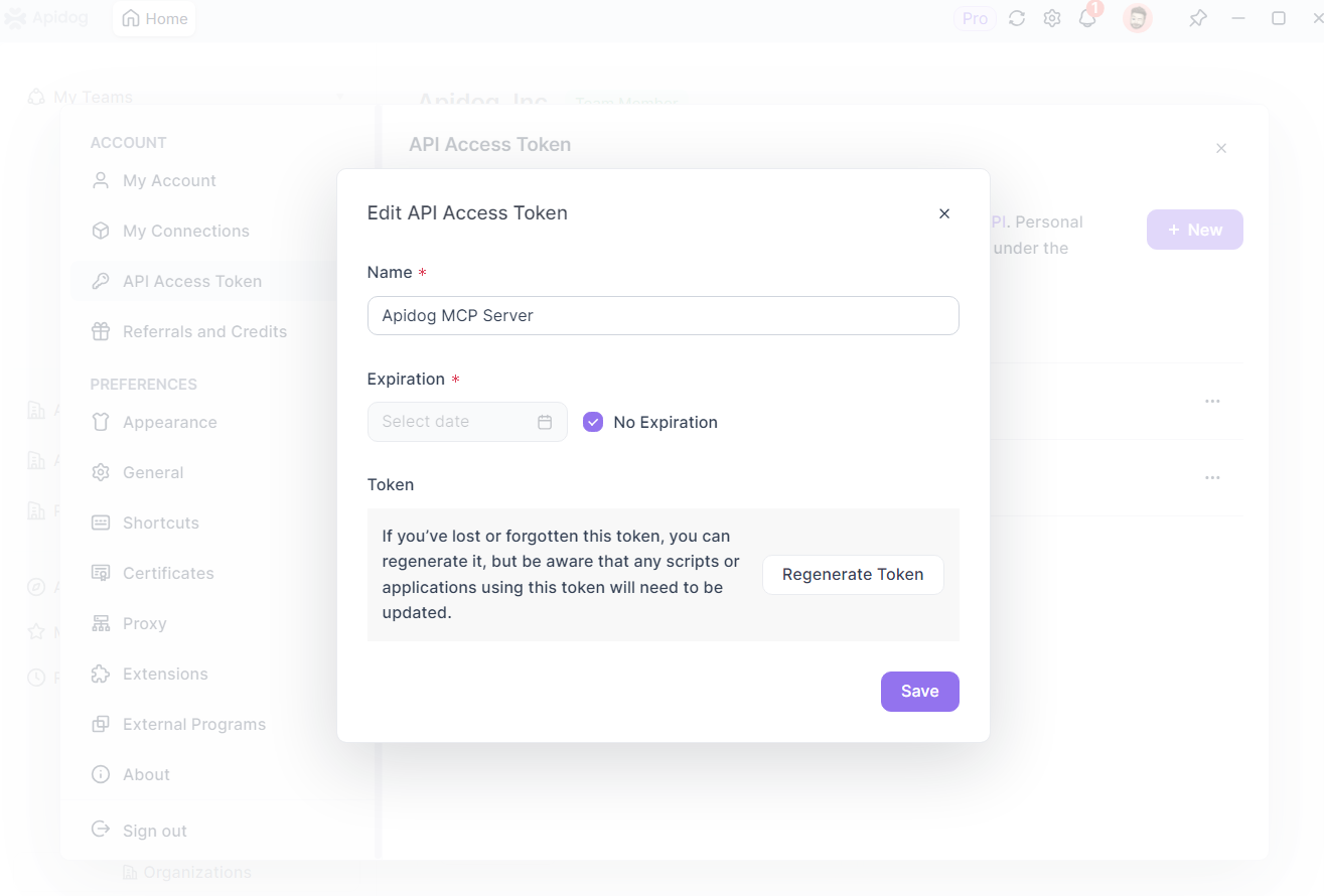 generate an API access token using Apidog