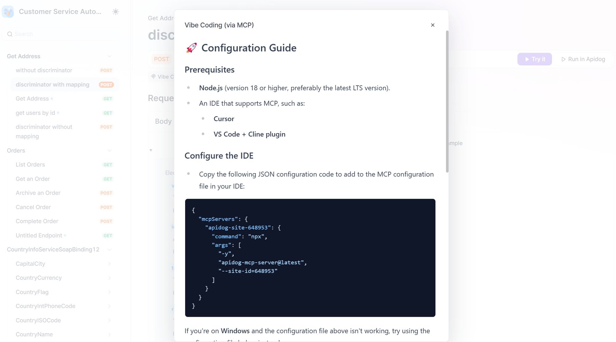 configuration guide on Apidog published API documentation