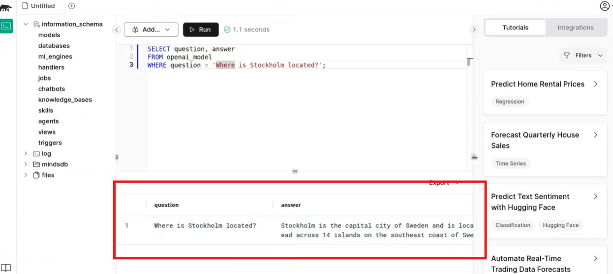 mindsdb sample output