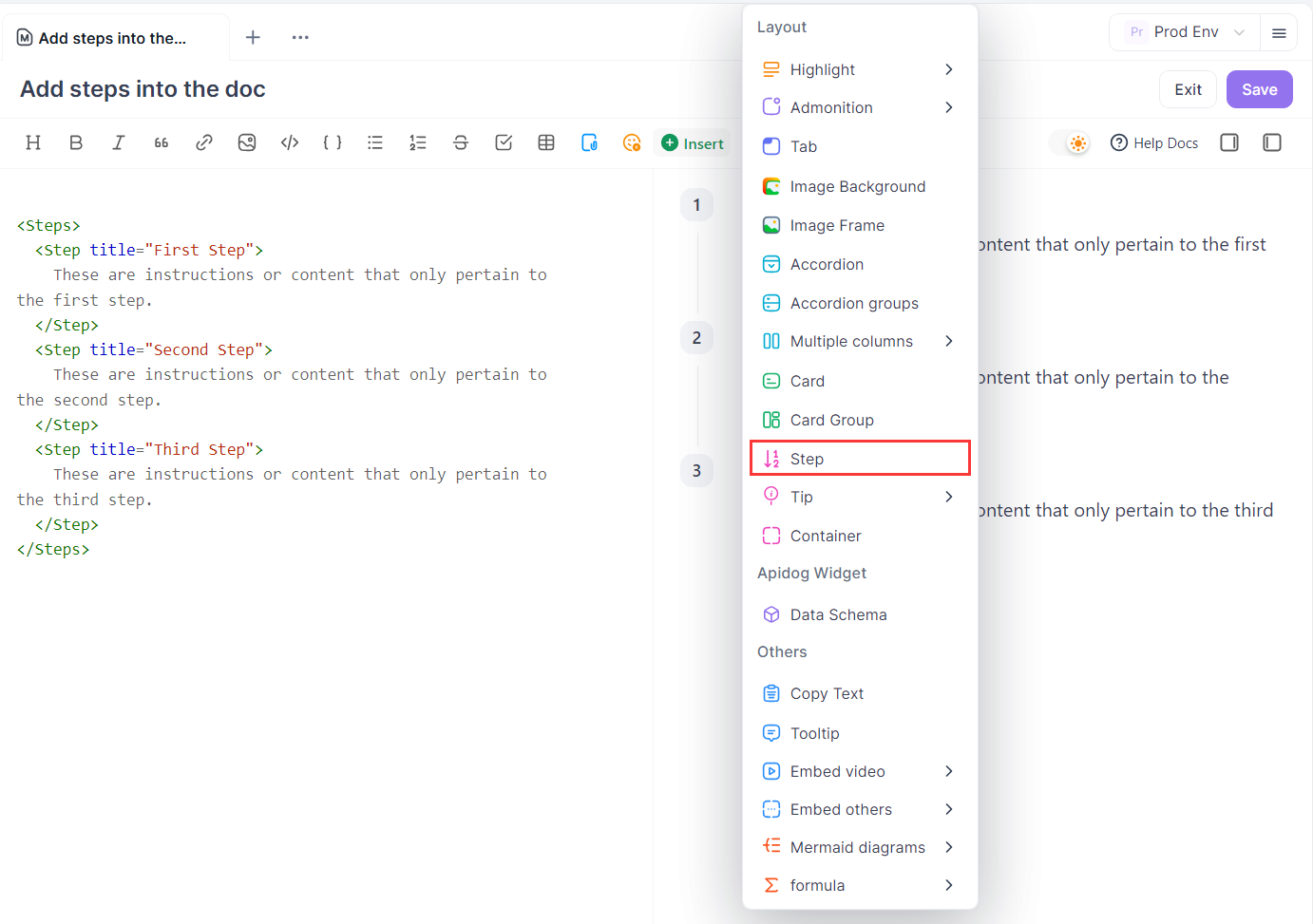 add step components in the Apidog Markdown