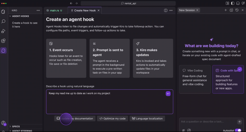 Amazon Kiro AI IDE main interface