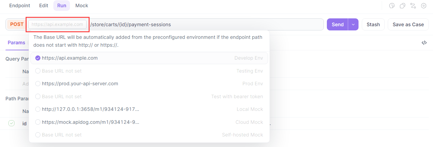 select the environment directly in the endpoint address bar