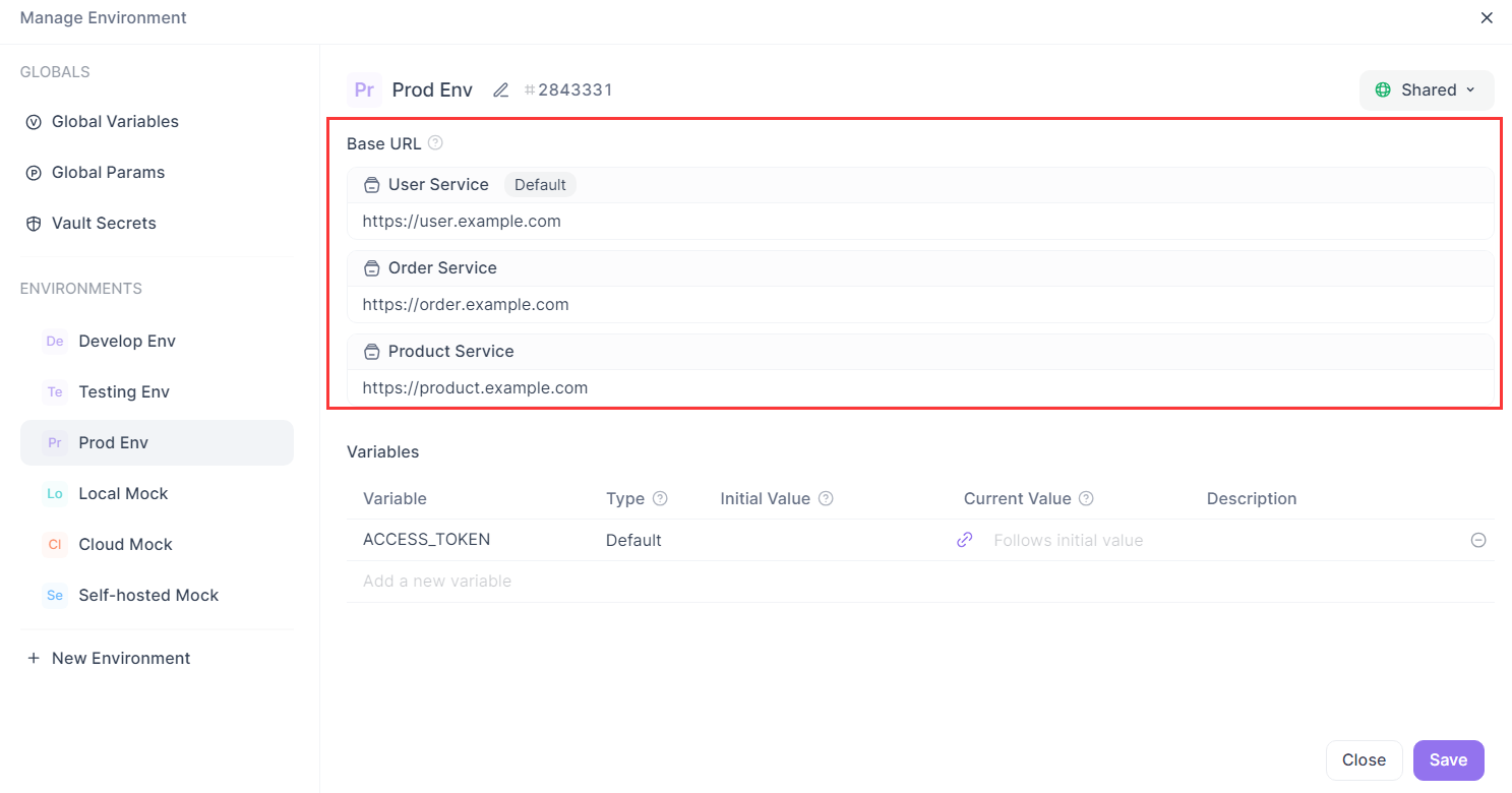 configure a specific base URL for every module within each environment