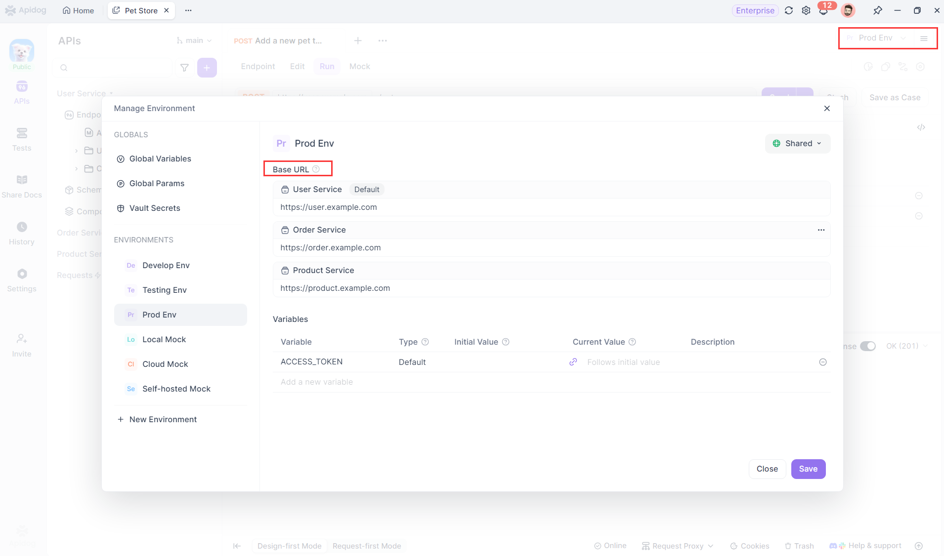 environment management page in Apidog