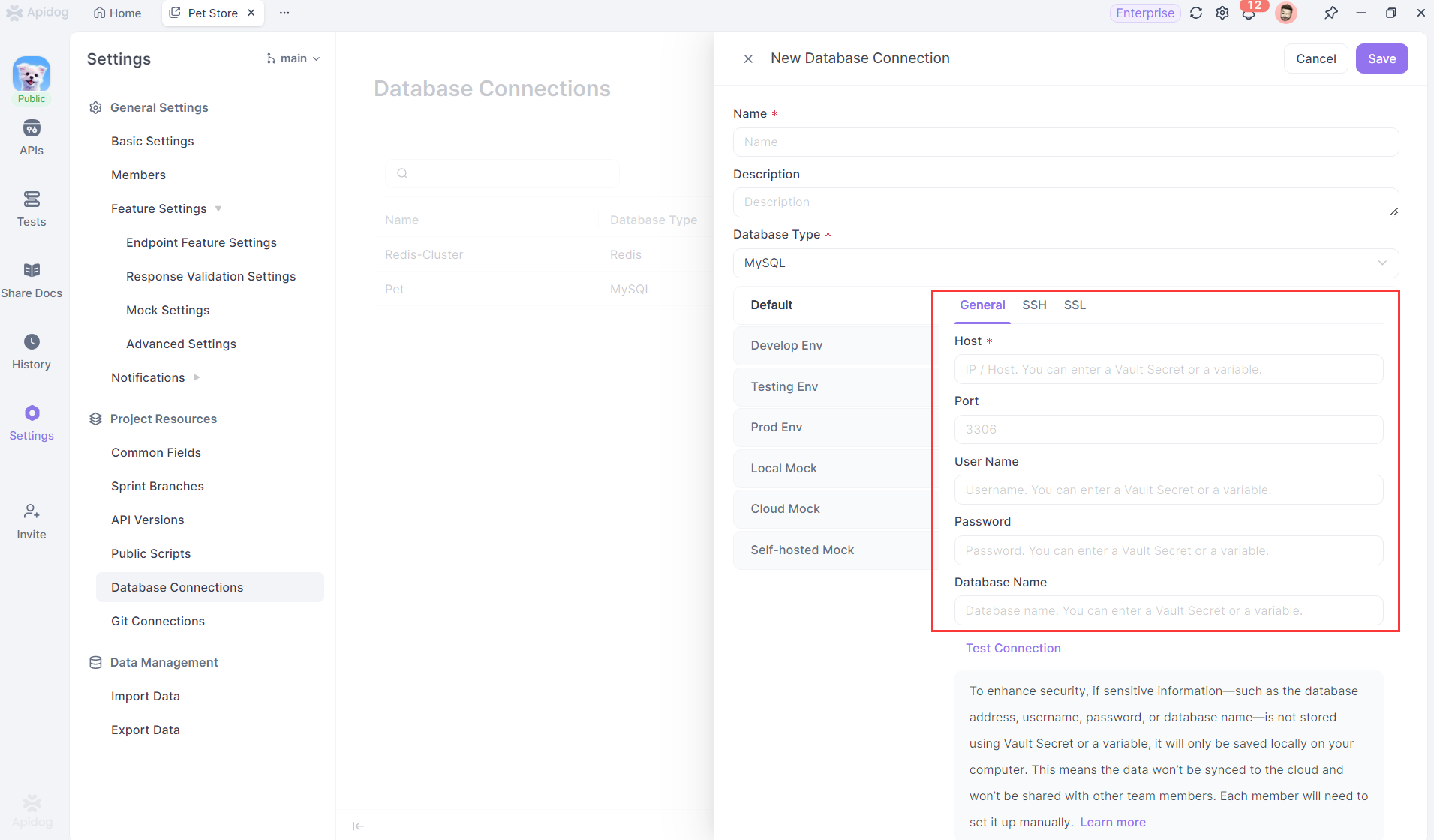 Create new database connection using Apidog