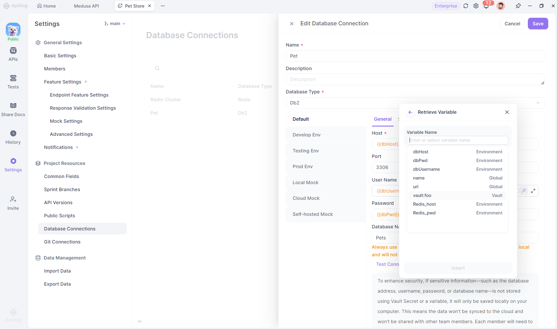 configure database connections using variables