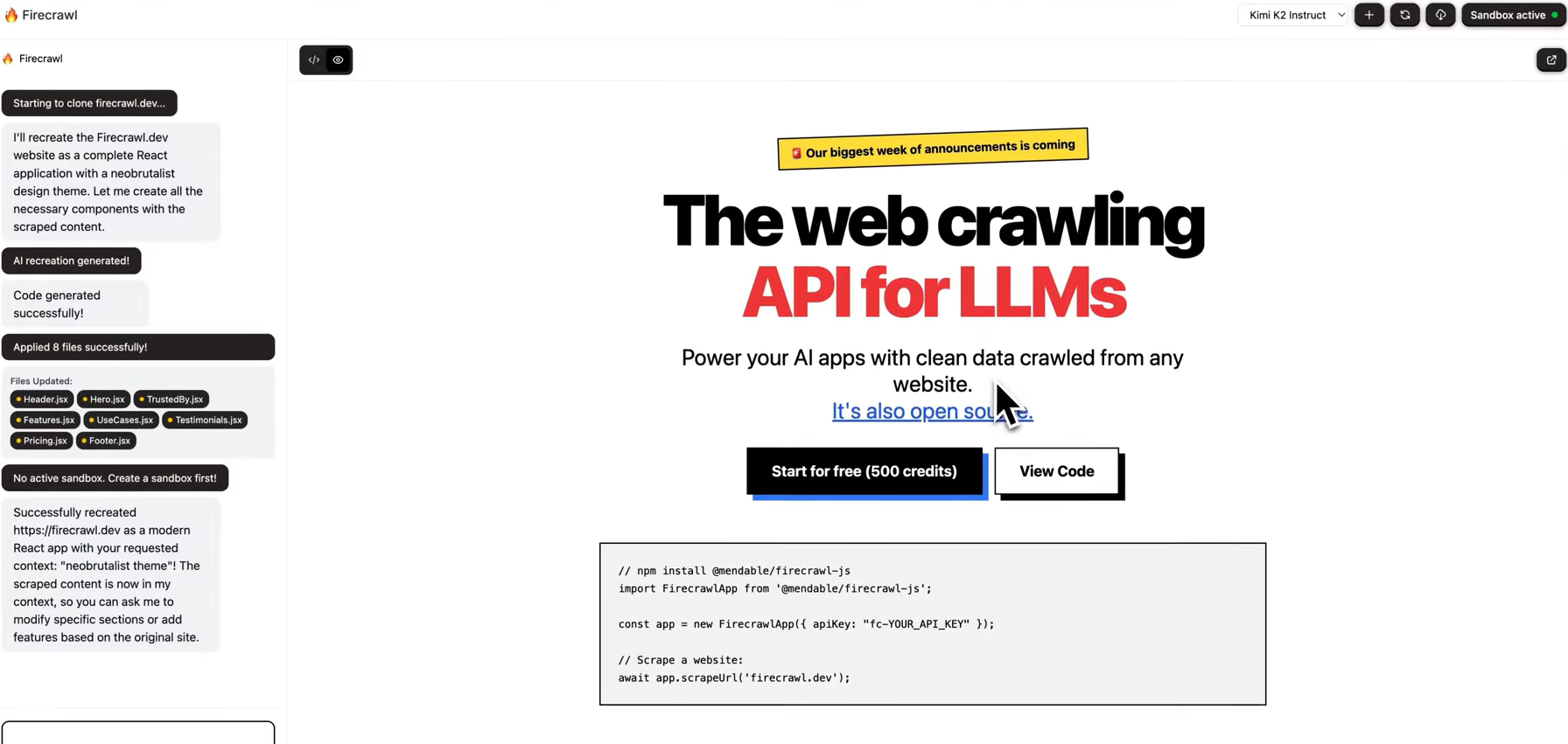 cloning the firecrawl website with a neobrutalist style