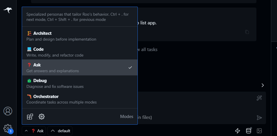 roocode different modes