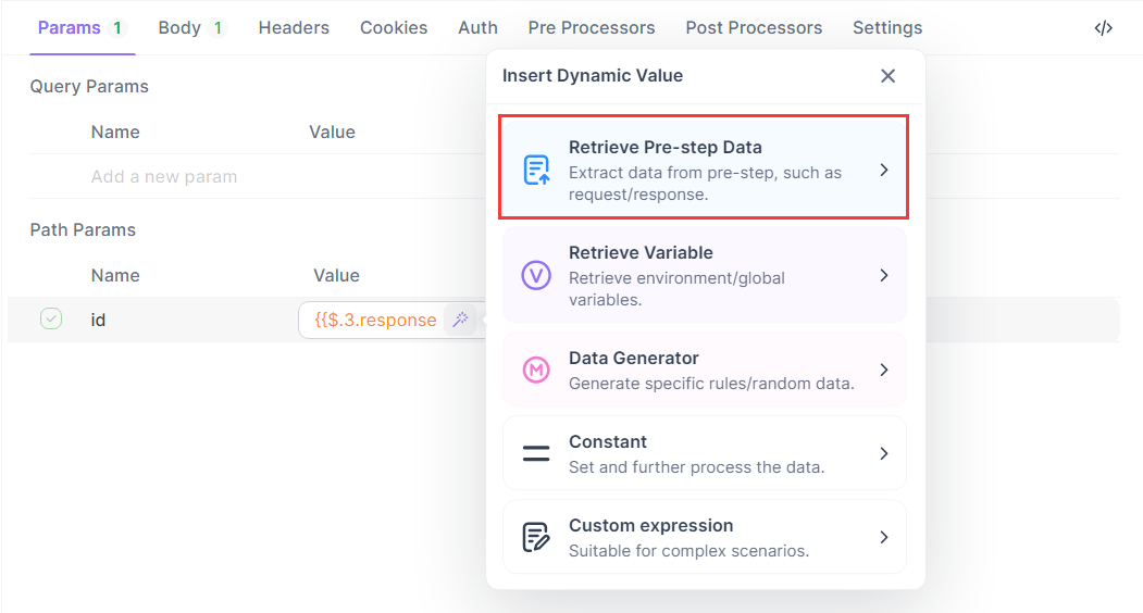 Retrieve Pre-step Data via "Dynamic Values" in Apidog Automated test