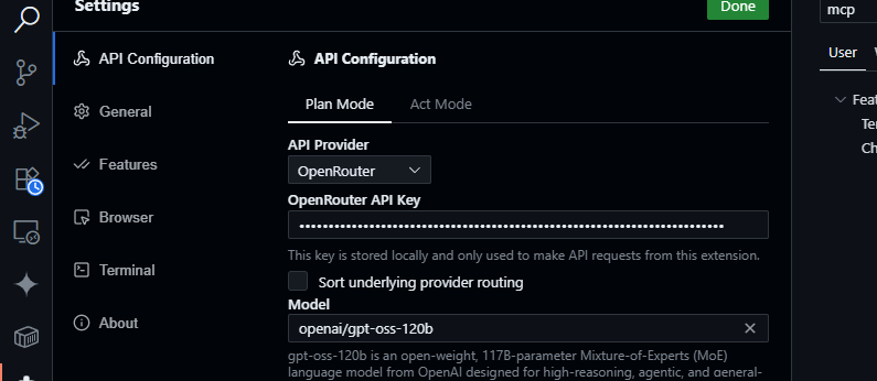 configure cline to use gpt-oss-120b