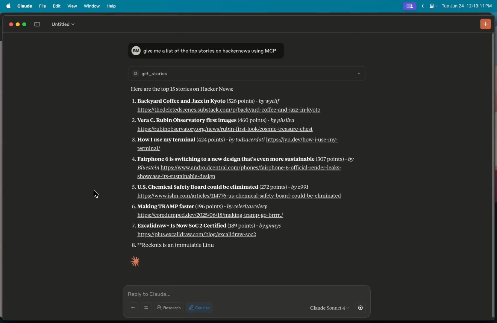 get the result from the hackernews mcp server