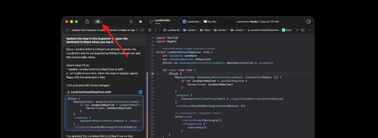 display the coding assistant in Xcode