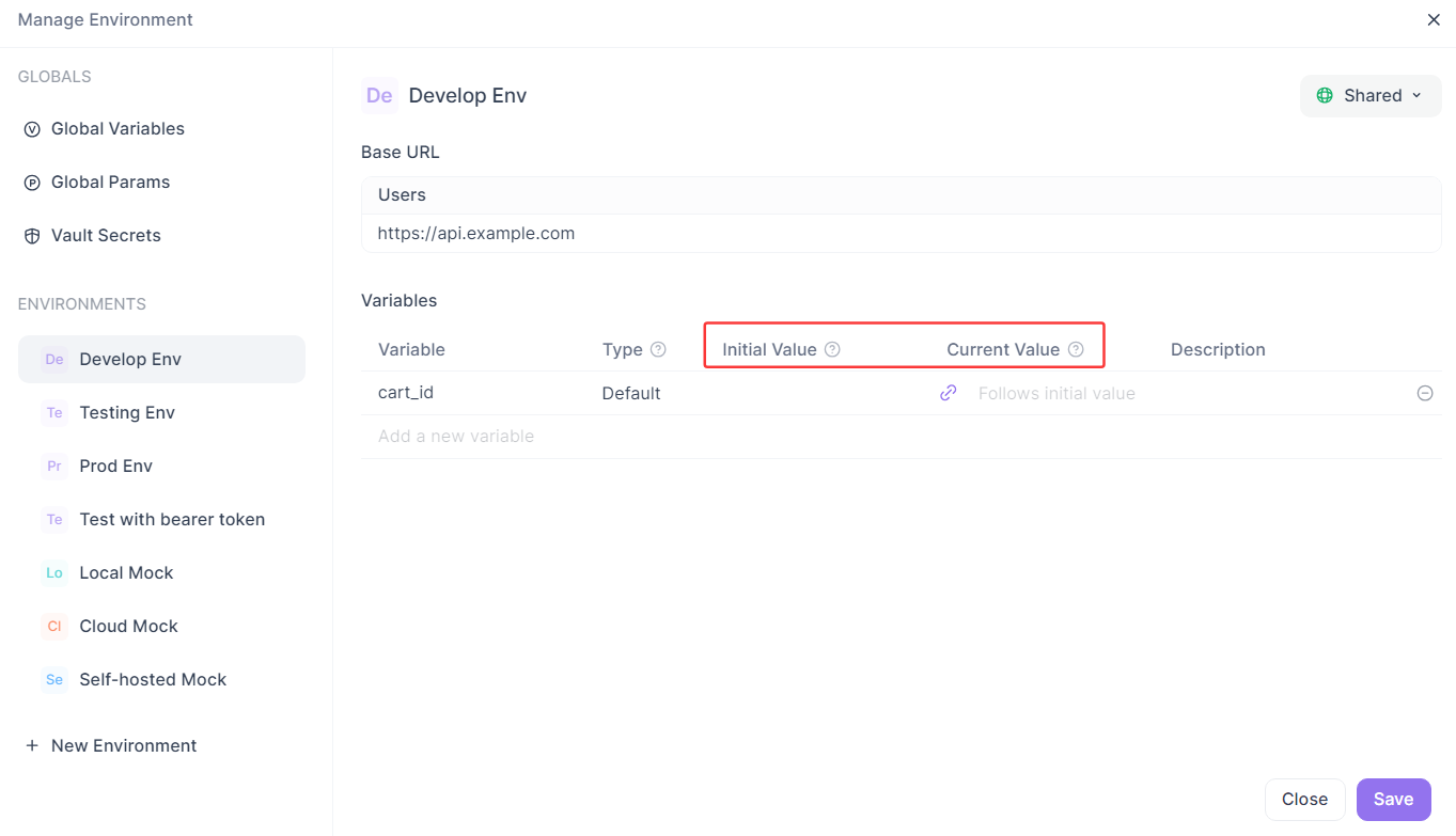 initial and current values in Apidog