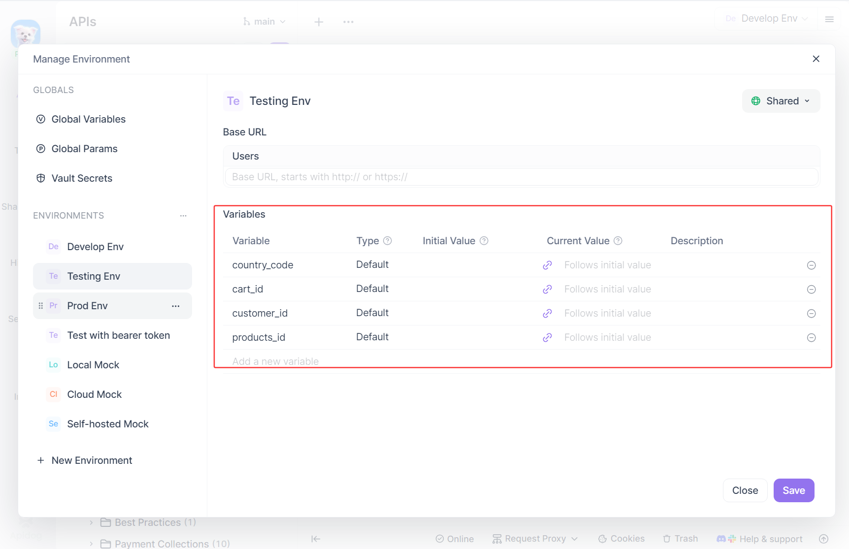 set variables directly in the environment management page