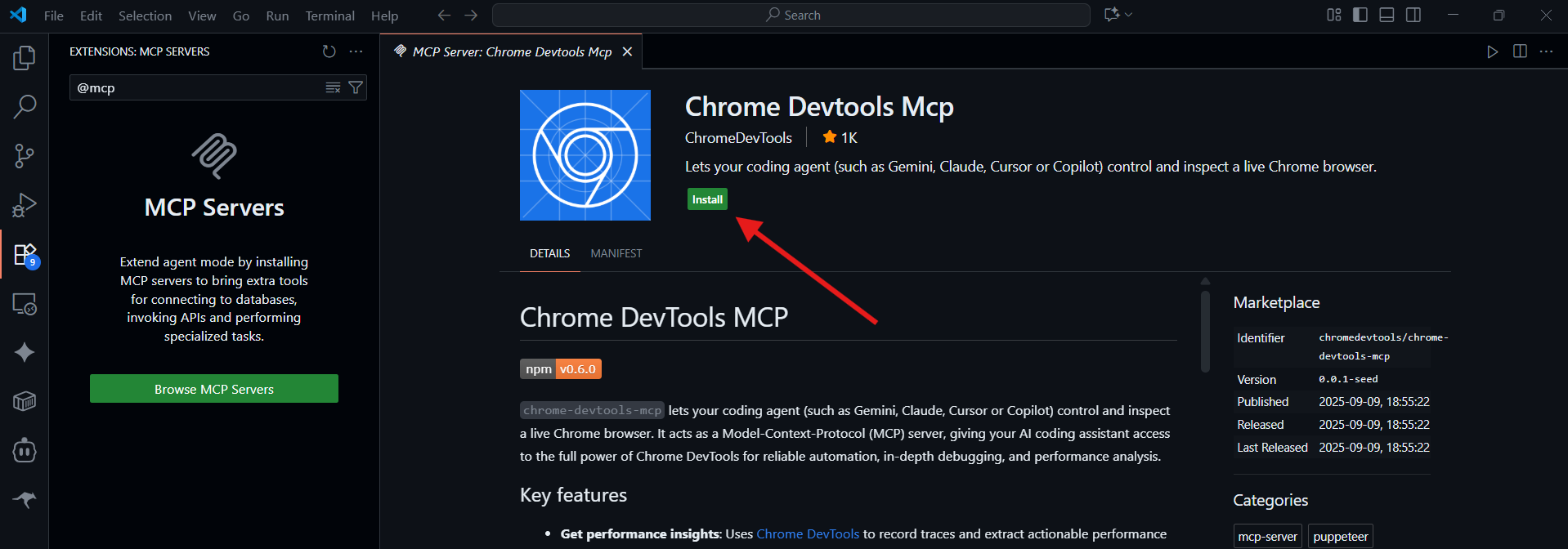 Install Chrome Dev Tools MCP Server in VS Code