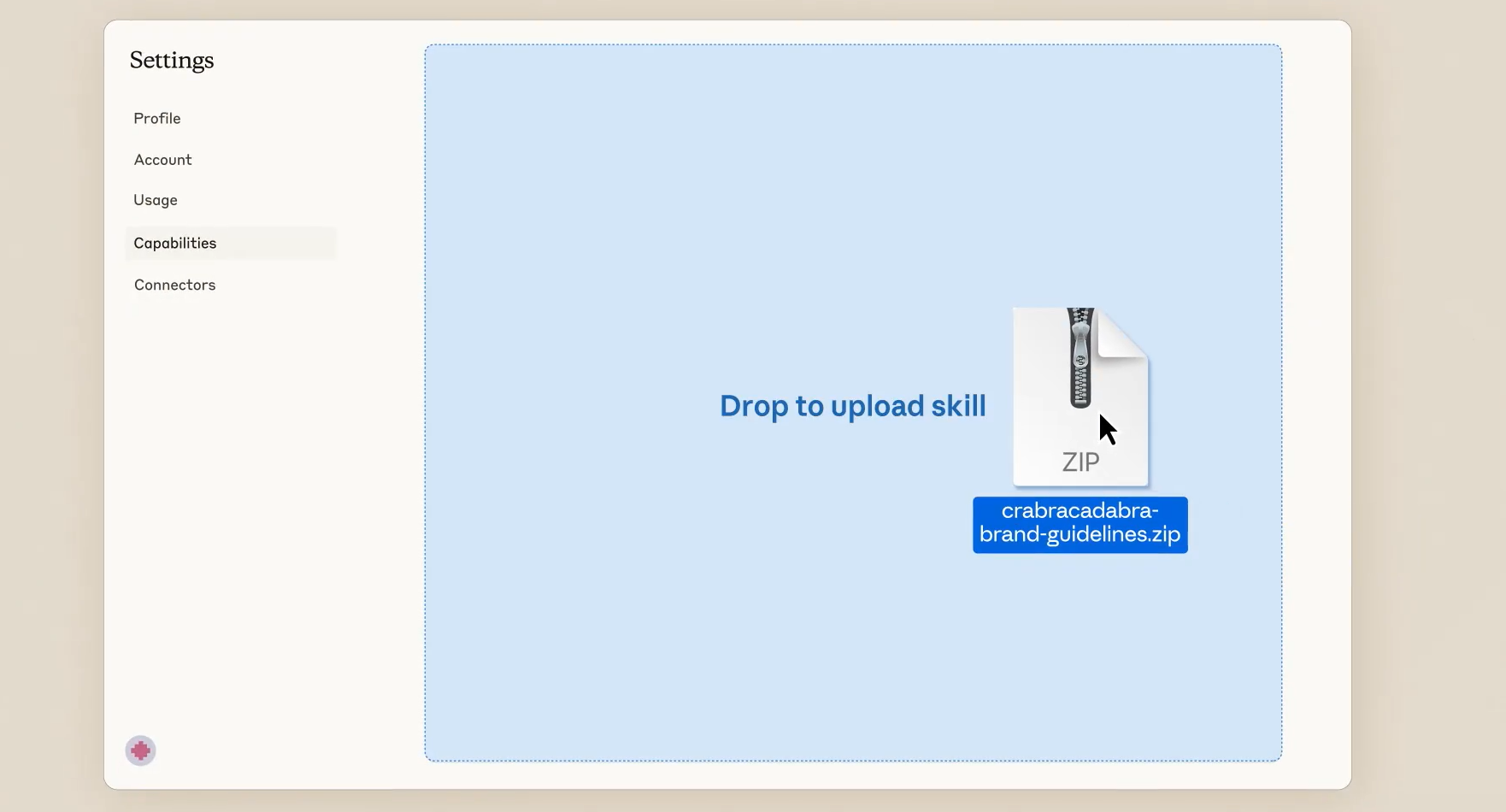 Drag and Drop the skills zip file in claude