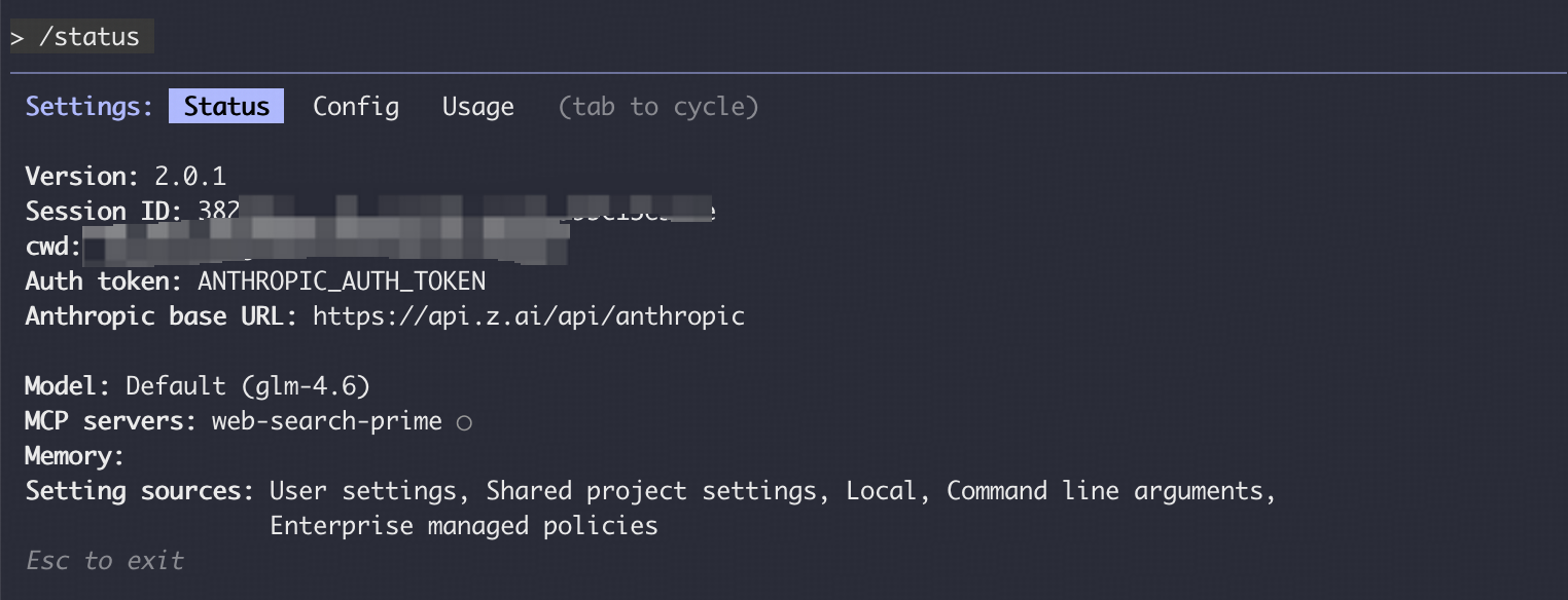 "/status" mode in claude code