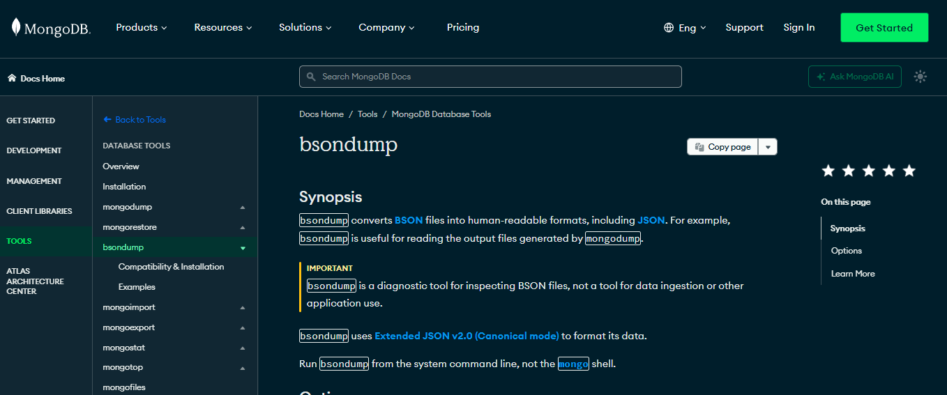 Exemplo de uso do bsondump do MongoDB