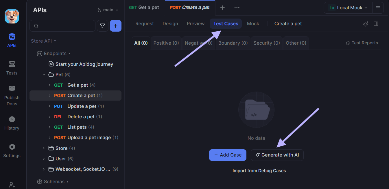 go to test cases option