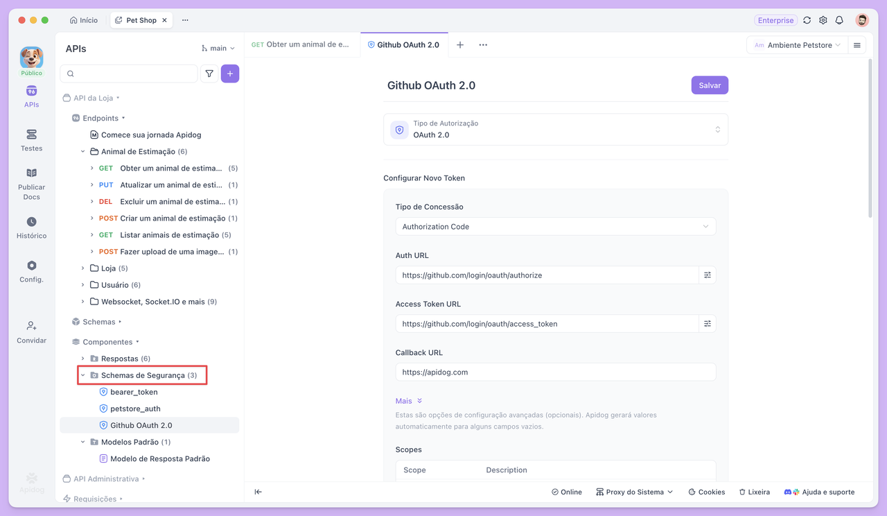 configurar os detalhes do servidor de autorização