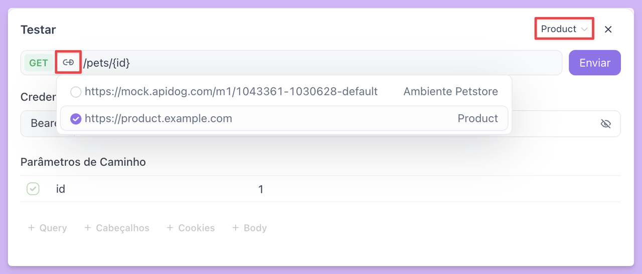 alternar ambientes para depuração na documentação de API online