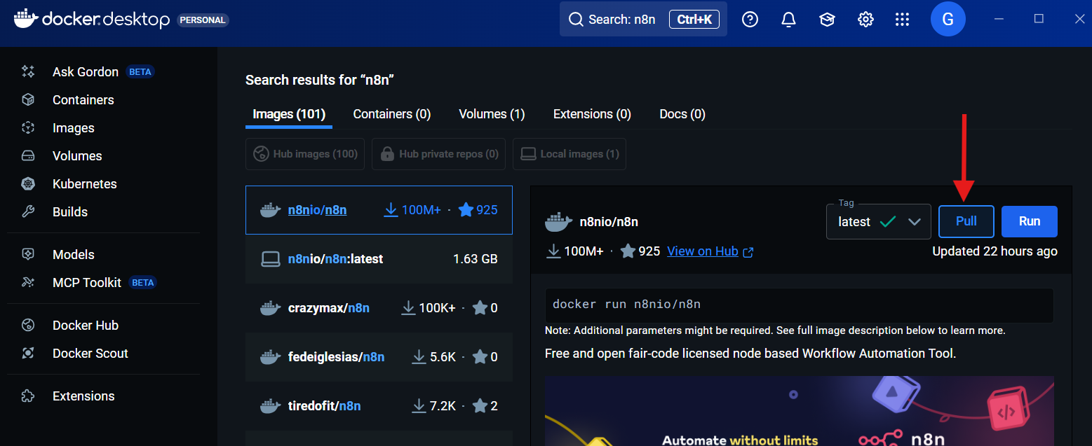 pull n8n on docker desktop
