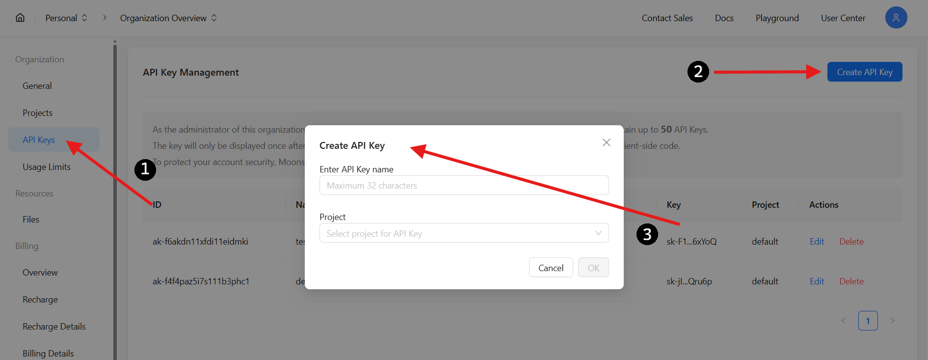 create a moonshot ai api key
