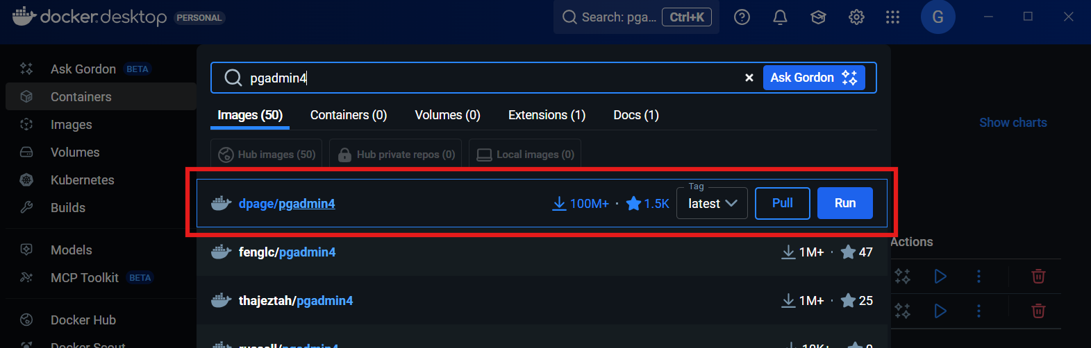 instal pgadmin4 in docker desktop