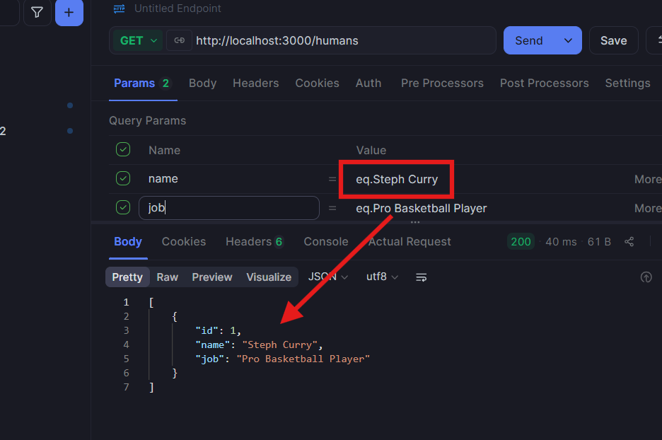 using correct data to make a search in apidog with postgrest api