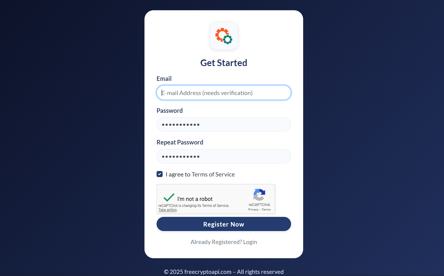 create a free accout at free crypto price api