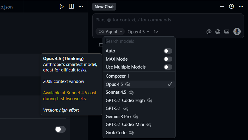 selecting the claude opus 4.5 model in cursor