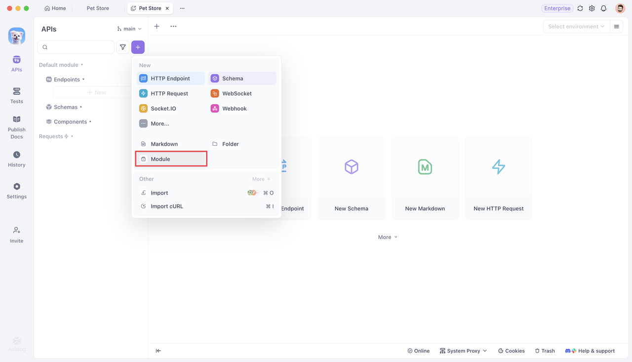 creating new modules in Apidog