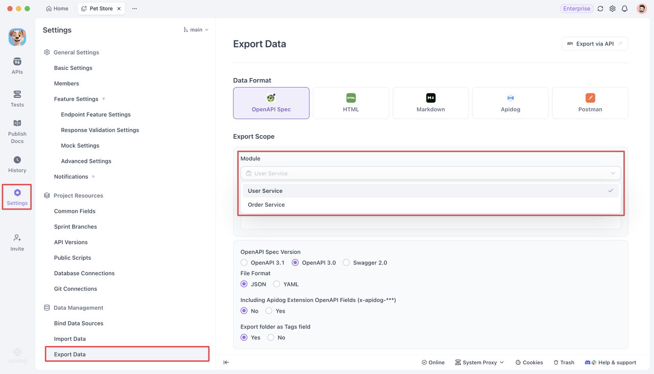 exporting project data by module