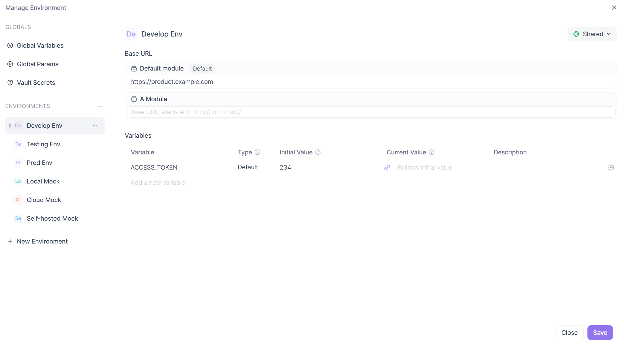 environment management panel in Apidog
